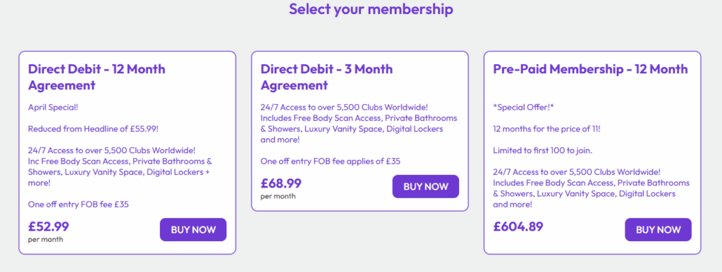 A screenshot showing the gym membership prices available at Anytime Fitness Bermondsey on 2 June 2025