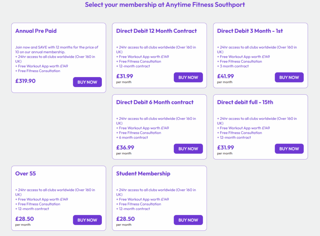A screenshot showing the gym membership costs at Anytime Fitness Southport on 2 June 2025