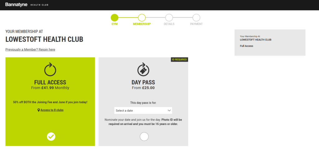 A screenshot showing gym membership prices at Bannatyne Lowestoft Health Club on 2 June 2025