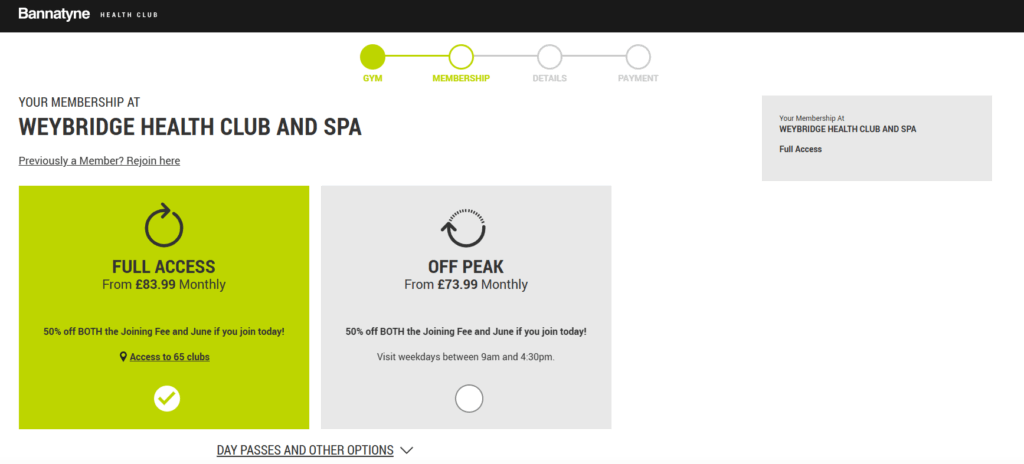 A screenshot showing gym membership prices at Bannatyne Weybridge Health Club And Spa on 2 June 2025