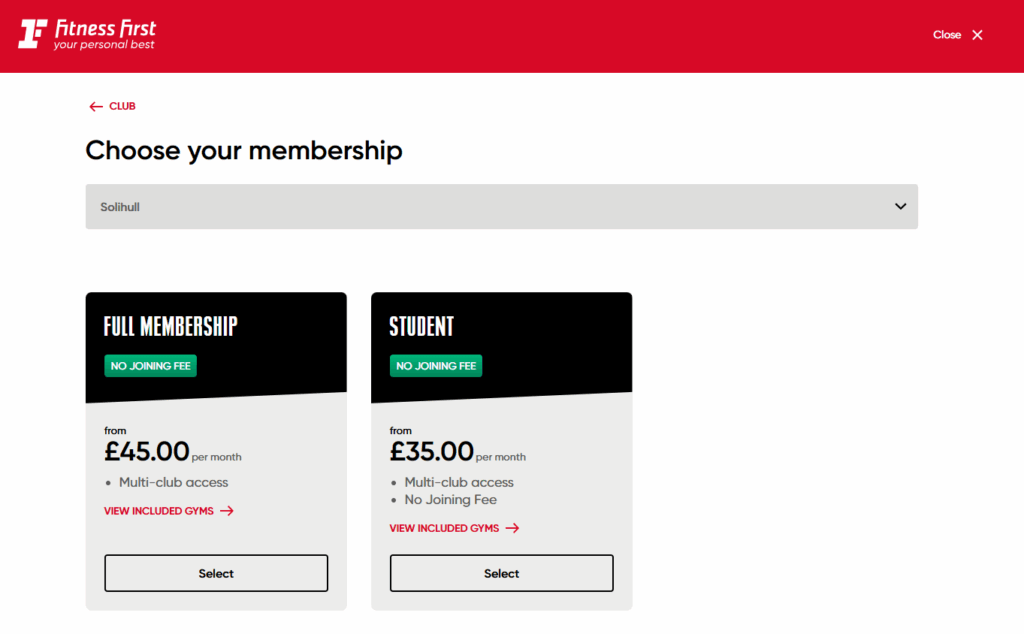 A screenshot showing gym membership prices at Fitness First Solihull on 2 June 2025