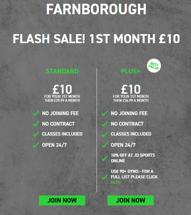 Gym membership costs at JD Gyms Farnborough on 2 June 2025