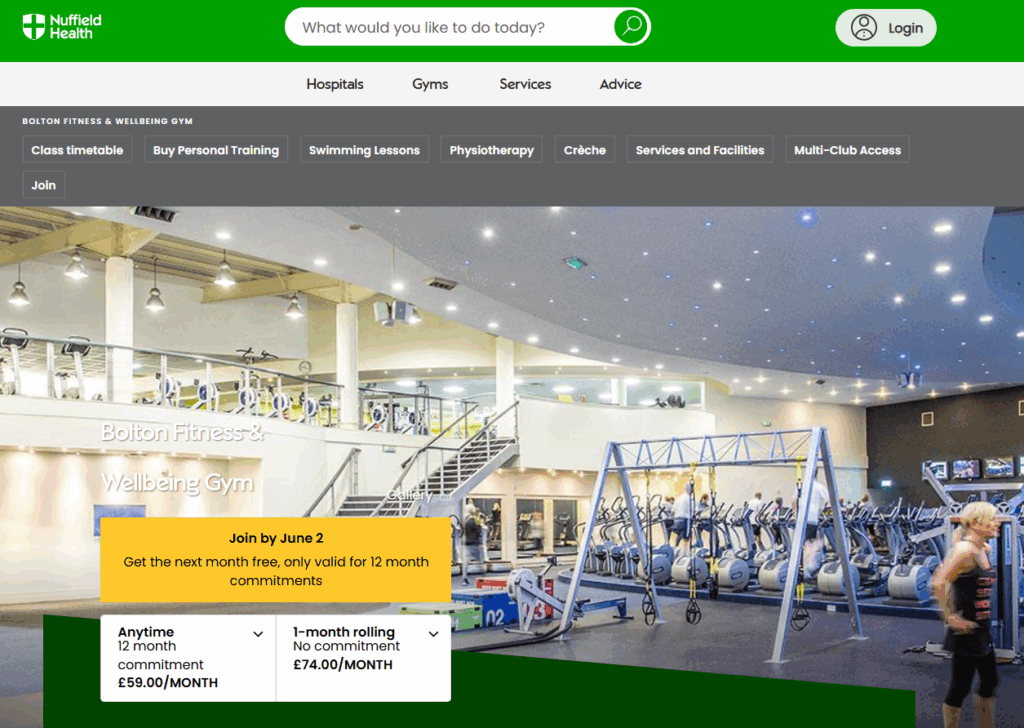 A screenshot showing that an anytime membership at Nuffield Bolton costs £59 a month on 6 June 2025.