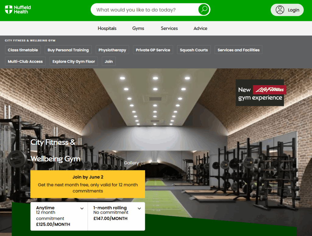 A screenshot showing that Nuffield Health City Fitness & Wellbeing Gym offers an anytime membership for £125 a month