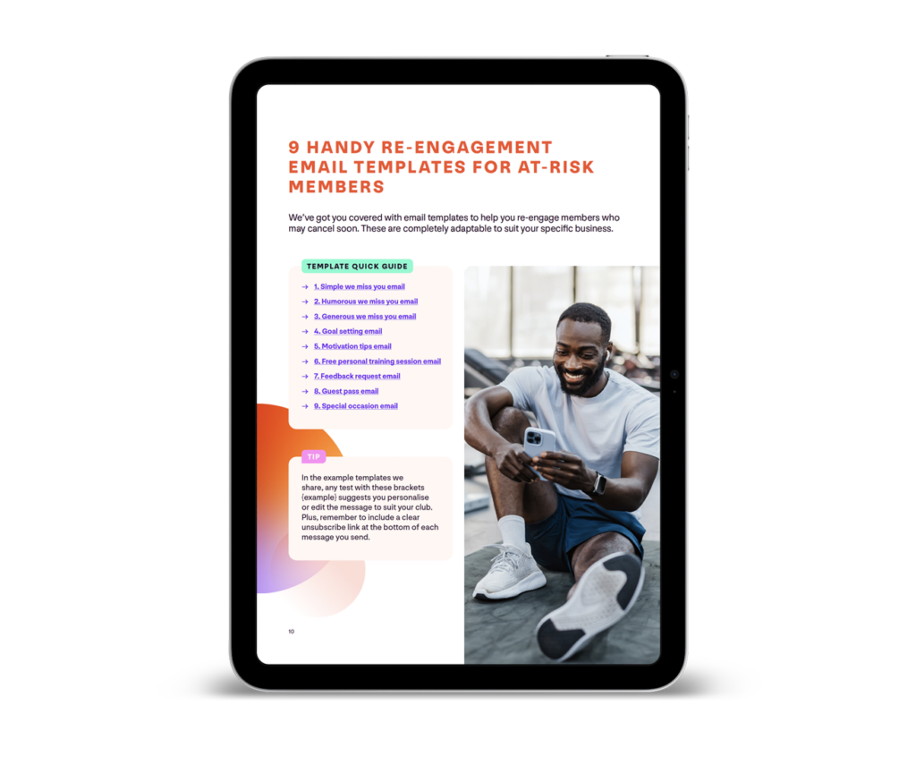 An image of a page from the re-engaging at-risk gym members playbook on a tablet device.