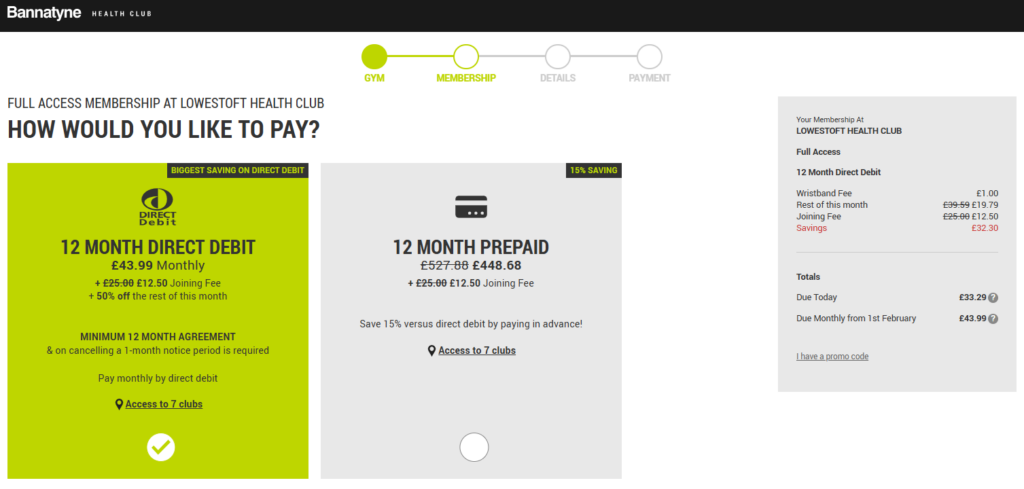 A screenshot showing gym membership prices at Bannatyne Lowestoft Health Club on 5 January 2026