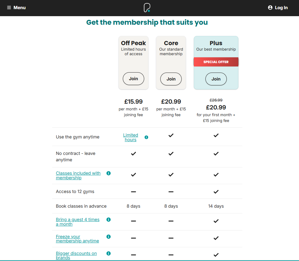 A screenshot showing gym membership costs and packages at PureGym in the UK
