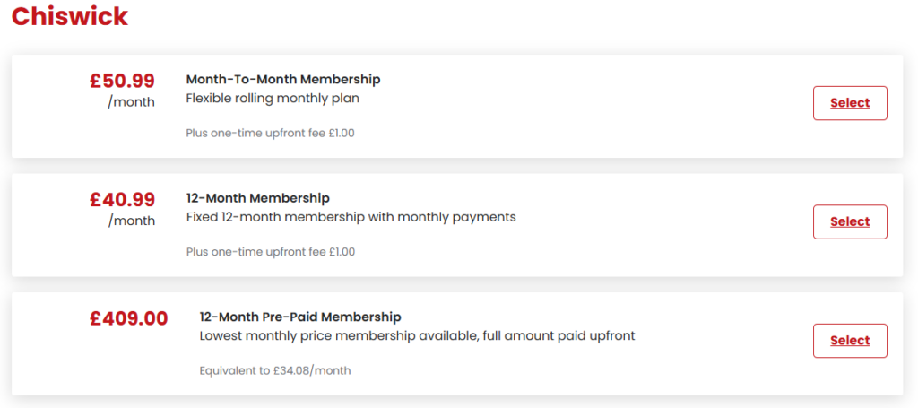 Membership prices at Snap Fitness in Chiswick London on 5 January 2026